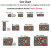 A size chart showing various cushion sizes for comparison, including 40x60cm, 50x80cm, and 100x160cm cushions.
