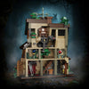 A detailed building block set depicting a structure with green accents and foliage, set against a dark, natural background.