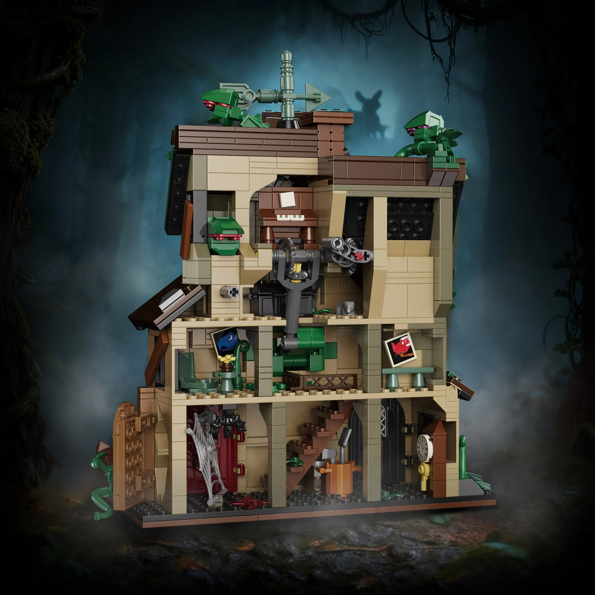 A detailed building block set depicting a structure with green accents and foliage, set against a dark, natural background.