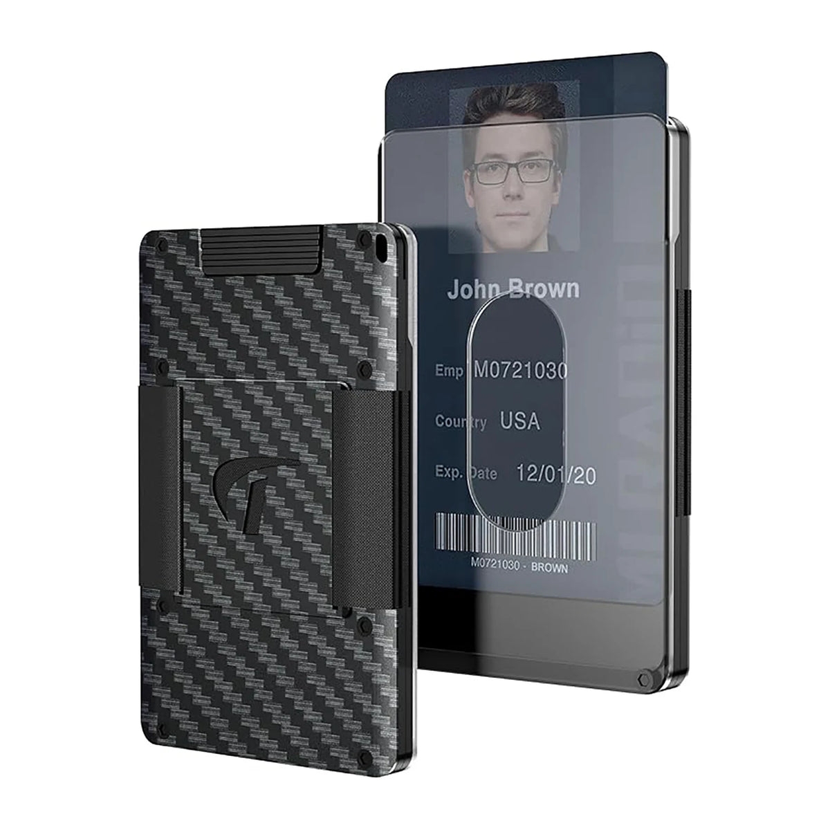Una billetera delgada de aluminio negro con bolsillo elástico para tarjetas y correa para billetes, junto a una tarjeta de id
