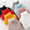 A collection of cozy knit turtleneck sweaters in various pastel and bright colors, including pink, yellow, orange, mint green
