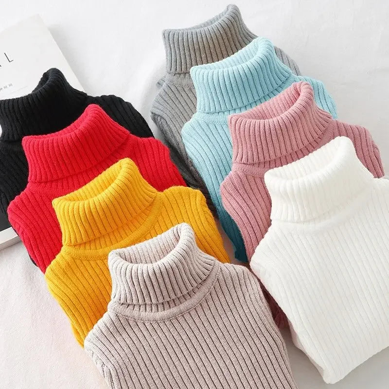 A collection of cozy knit turtleneck sweaters in various pastel and bright colors, including pink, yellow, orange, mint green