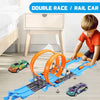 A blue and orange double race rail car set with two cars on a wooden floor.