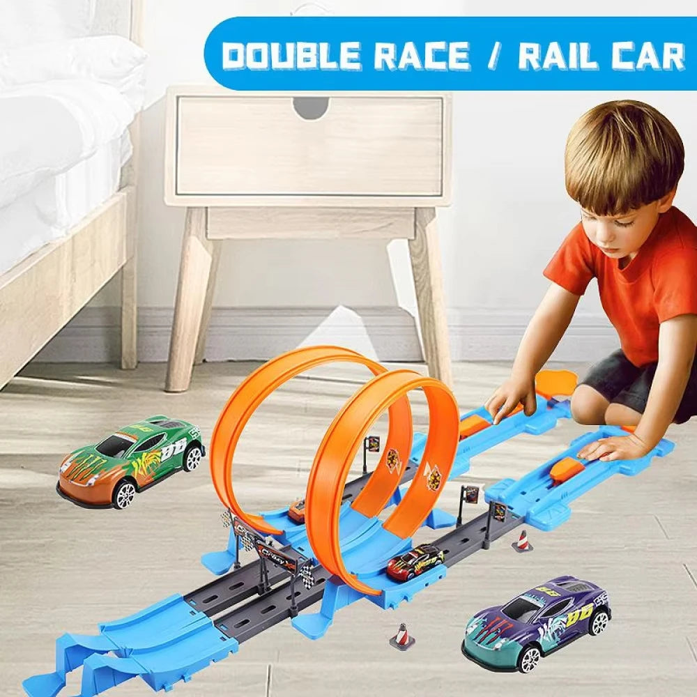 A blue and orange double race rail car set with two cars on a wooden floor.