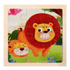 A wooden jigsaw puzzle featuring a lion and a small pink bird in a natural outdoor setting.