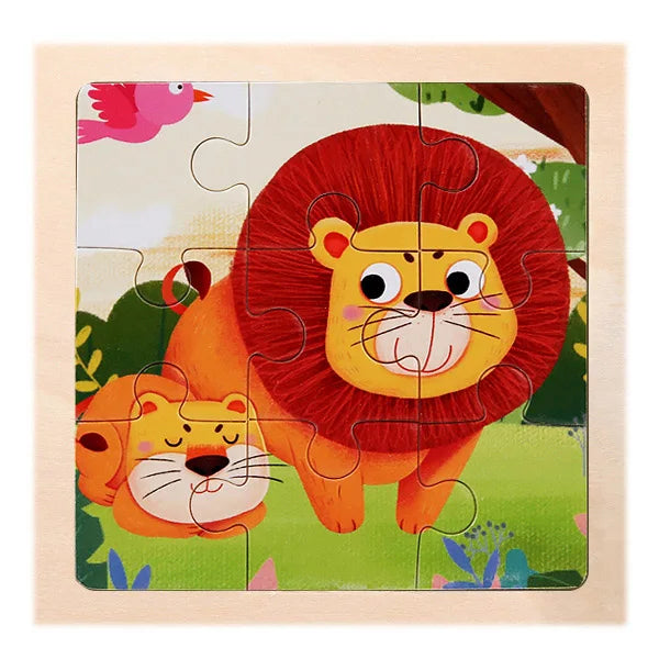 A wooden jigsaw puzzle featuring a lion and a small pink bird in a natural outdoor setting.