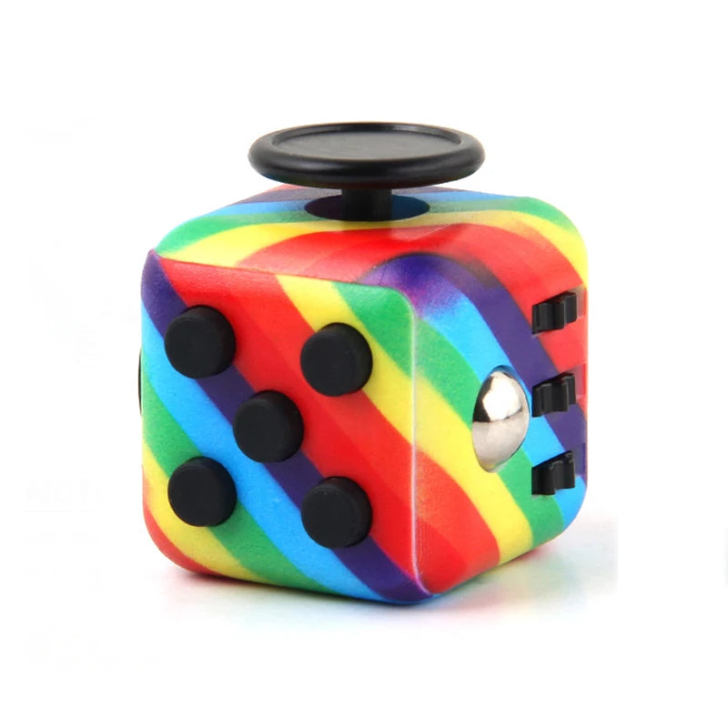 Cubo fidget arcoíris con puntos negros y tapa, para aliviar el estrés.