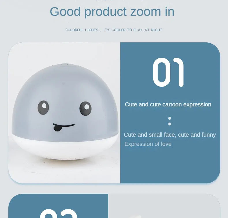 A white, spherical bath toy with a cute cartoon face and light-up features is shown in a close-up view.