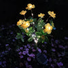 Gelbe Azaleenblüten, beleuchtet von einer Lichterkette in einem dunklen Garten.