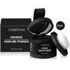 A black compact of Veronni Enhance Hairline Powder with an open lid and a white powder puff.