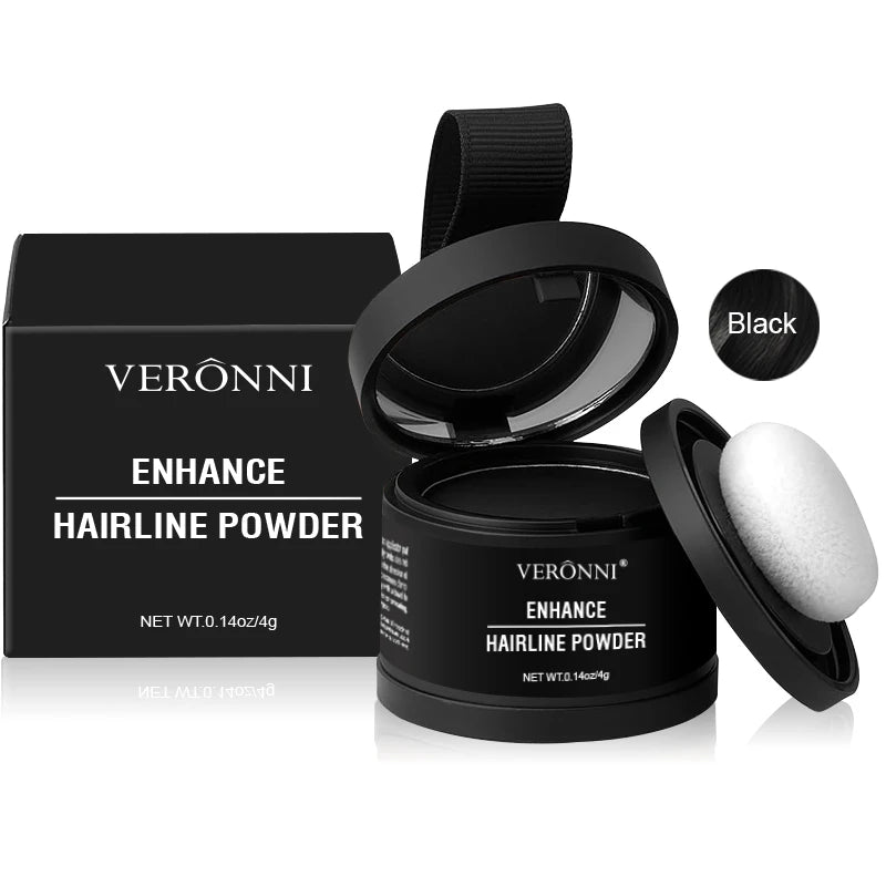 A black compact of Veronni Enhance Hairline Powder with an open lid and a white powder puff.