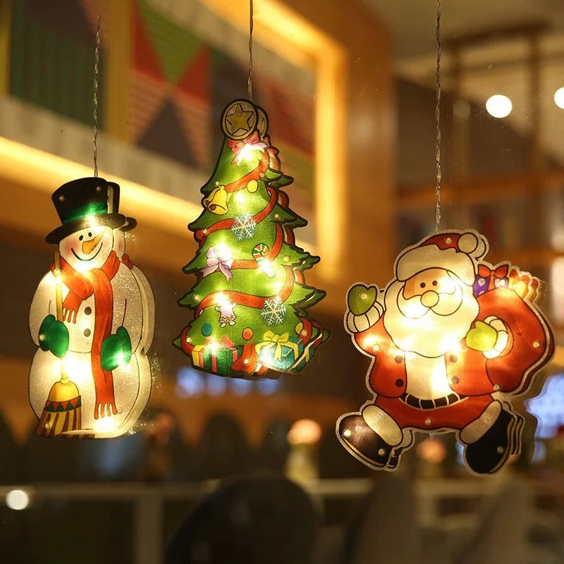 Hanging LED Santa Claus light decorations shaped like a snowman and Santa Claus.