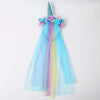 A sheer, iridescent blue mesh headband with a unicorn horn and colorful floral accents.