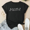 Black women's casual crew neck t-shirt with white cat graphic text