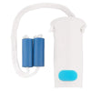 A white sock aid with a white elastic cord and a blue silicone applicator for applying socks.