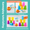 A colorful stacking game featuring cups and cards for single or double player multiplayer.