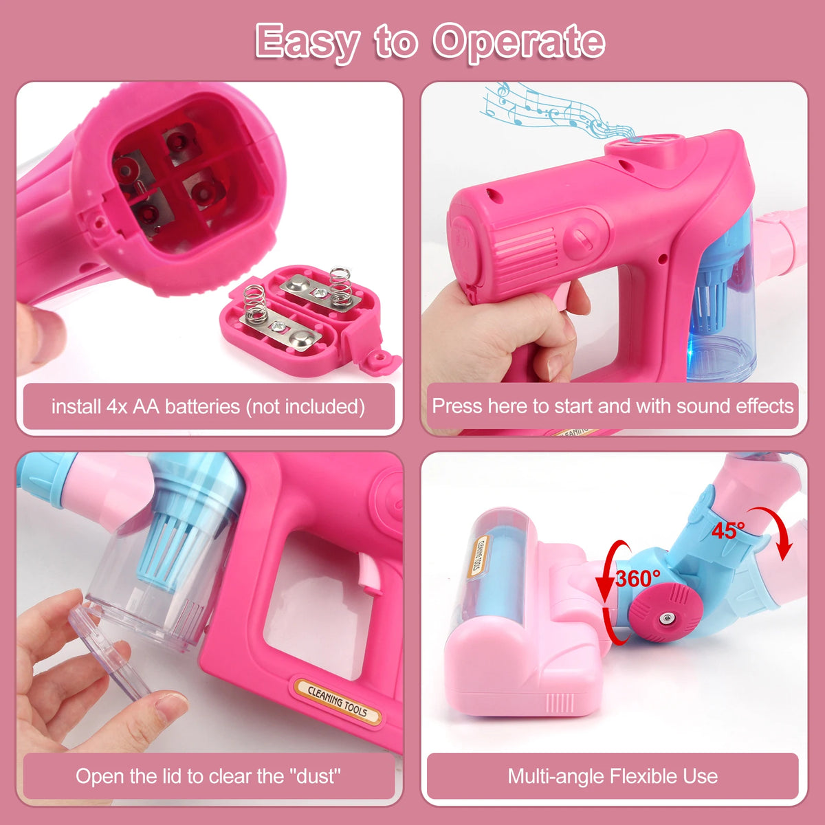 Pink kids interactive toy vacuum cleaner demonstrating various features like battery installation and multi-angle use