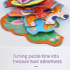 A colorful six-in-one puzzle set featuring animal shapes cut from cardboard for a treasure hunt.