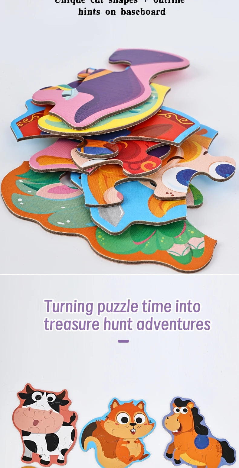 A colorful six-in-one puzzle set featuring animal shapes cut from cardboard for a treasure hunt.