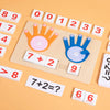 A wooden finger counting number learning toy showing various numbers and a math problem on a light wooden board.