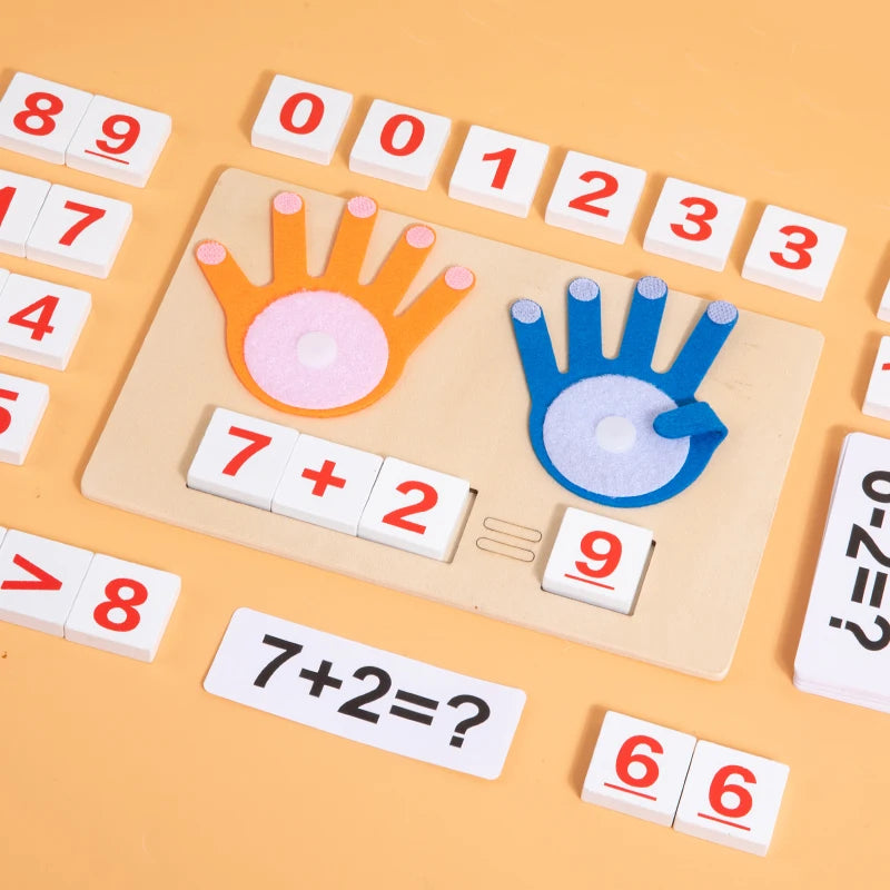 A wooden finger counting number learning toy showing various numbers and a math problem on a light wooden board.