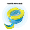 A yellow and blue foldable travel toilet is shown, with the seat open revealing a clear plastic bag inside.