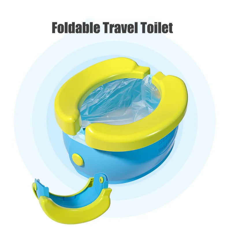 A yellow and blue foldable travel toilet is shown, with the seat open revealing a clear plastic bag inside.