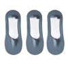 Three pairs of gray silicone grip no-show socks shown from the top view.