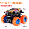 An alloy style orange random style pull-back stunt SUV toy car with black chassis and bright orange wheels.