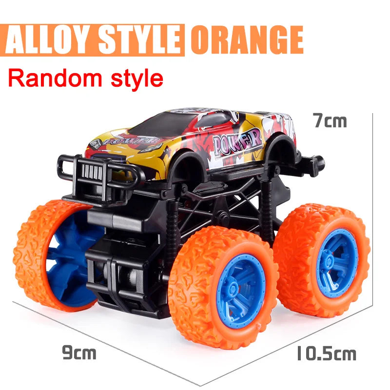 An alloy style orange random style pull-back stunt SUV toy car with black chassis and bright orange wheels.