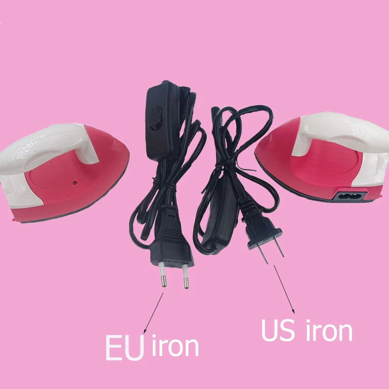 Two irons, one EU iron and one US iron, are shown with their cords and ironing paper.