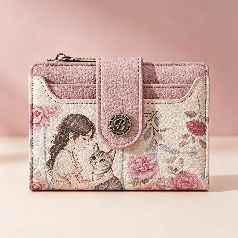 A pink floral print women's wallet featuring a detailed illustration of a woman and a cat.