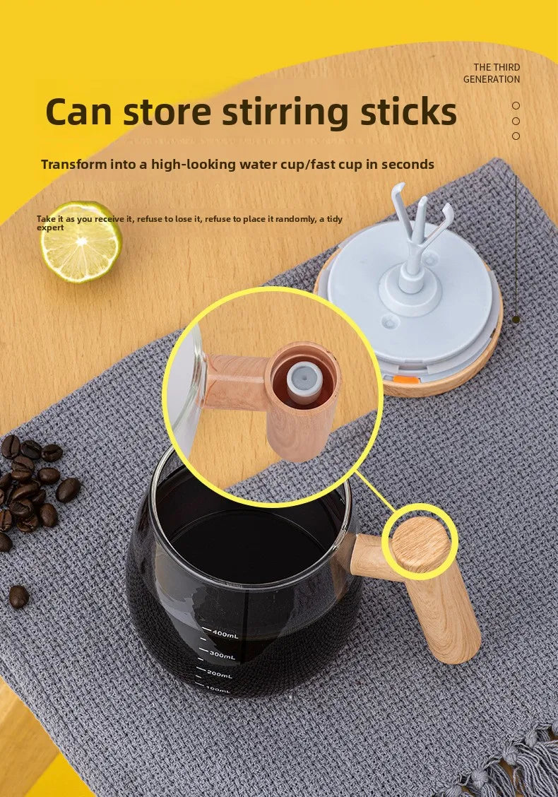 A close-up of a black mug with a wooden stirring stick, demonstrating the self-stirring function.