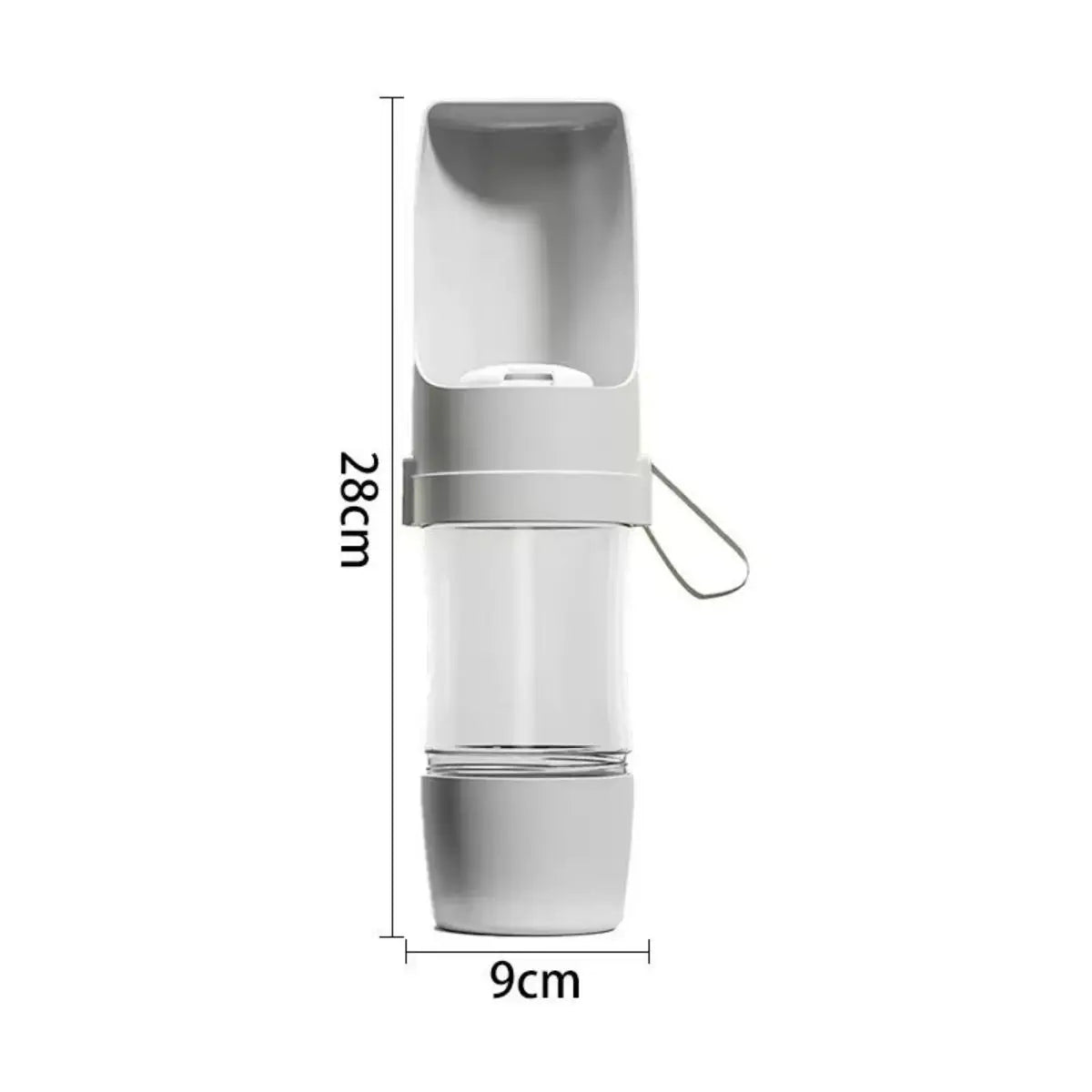 Botella portátil de agua para perros 2 en 1, blanca, con compartimento para comida, vista lateral.