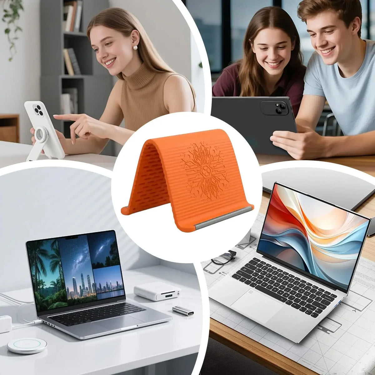 Ein orangefarbener, zusammenklappbarer Silikon-Handyständer neben Laptop und Smartphone.
