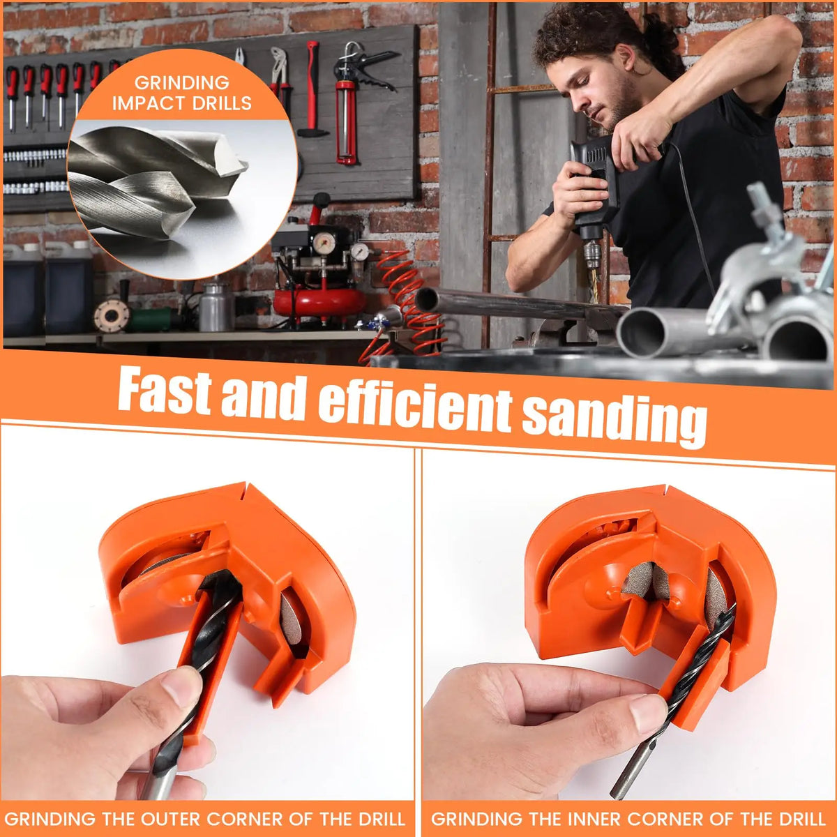 Orange sanding tool demonstrating grinding the outer and inner corners of a drill bit for fast and efficient sanding