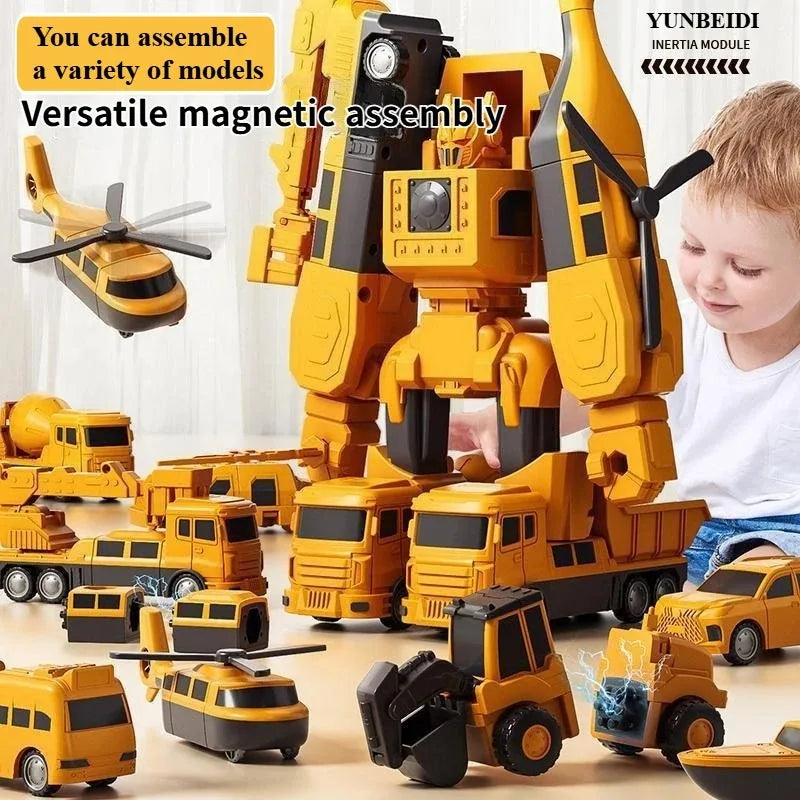 A yellow magnetic engineering car robot building blocks toy set with various assembled models and components.