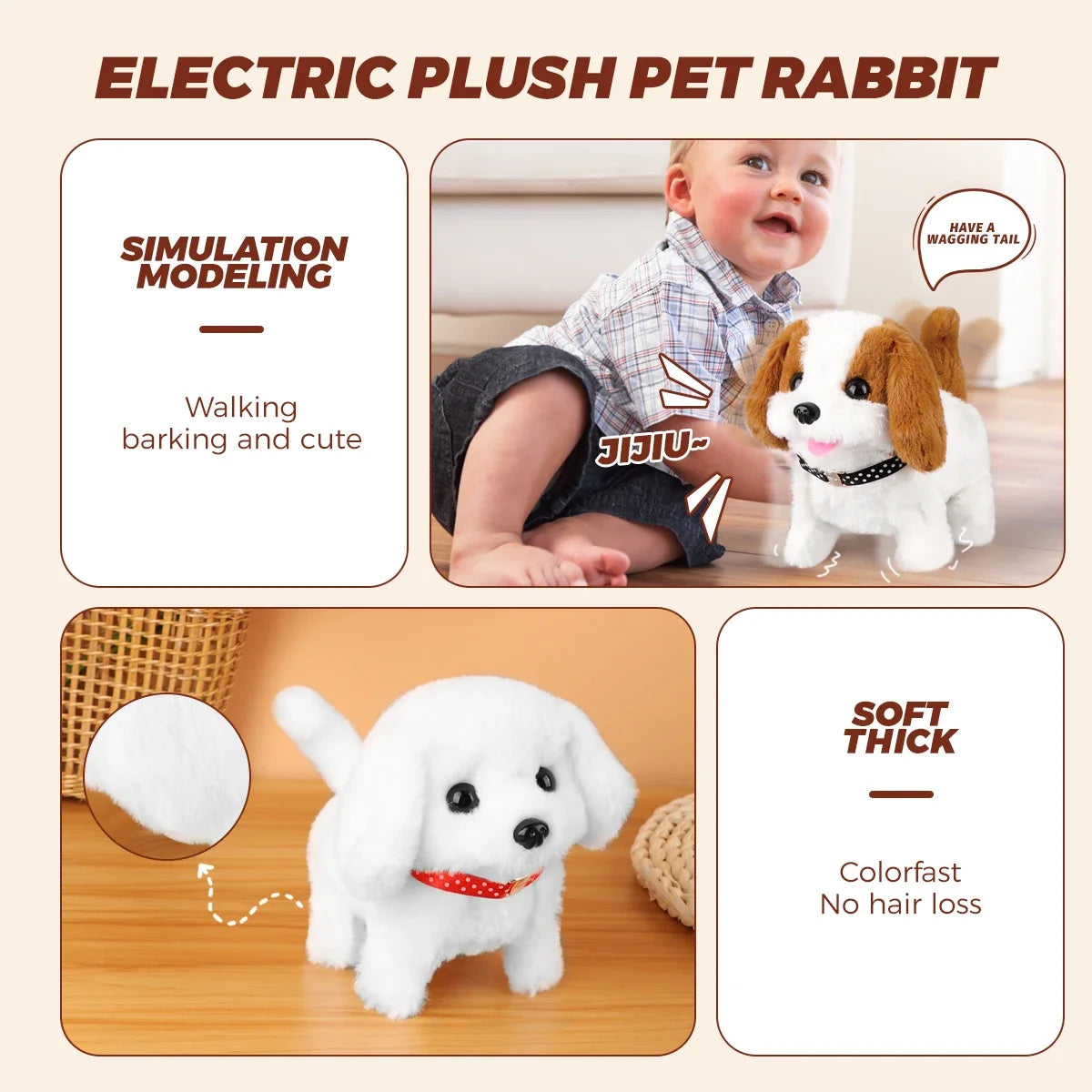 An electric plush pet rabbit toy demonstrating walking simulation modeling and soft thick material.