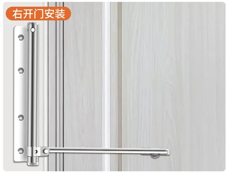 Stainless steel automatic door closer installed on a door frame, showing the mounting plate and handle.