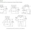 Diagram showing how to measure the body for clothing, including neck width, chest, waist, and leg length measurements.
