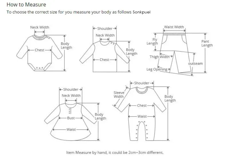 Diagram showing how to measure the body for clothing, including neck width, chest, waist, and leg length measurements.