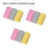 Nueve esponjas de limpieza PVA en rosa, amarillo y gris, dispuestas en dos grupos.
