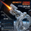 A remote firing range product showing a silver water gun and a circular target with various distance measurements.