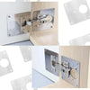 Stainless steel cabinet door hinge repair plate kit showing a hinge mechanism installed on a wooden cabinet door.