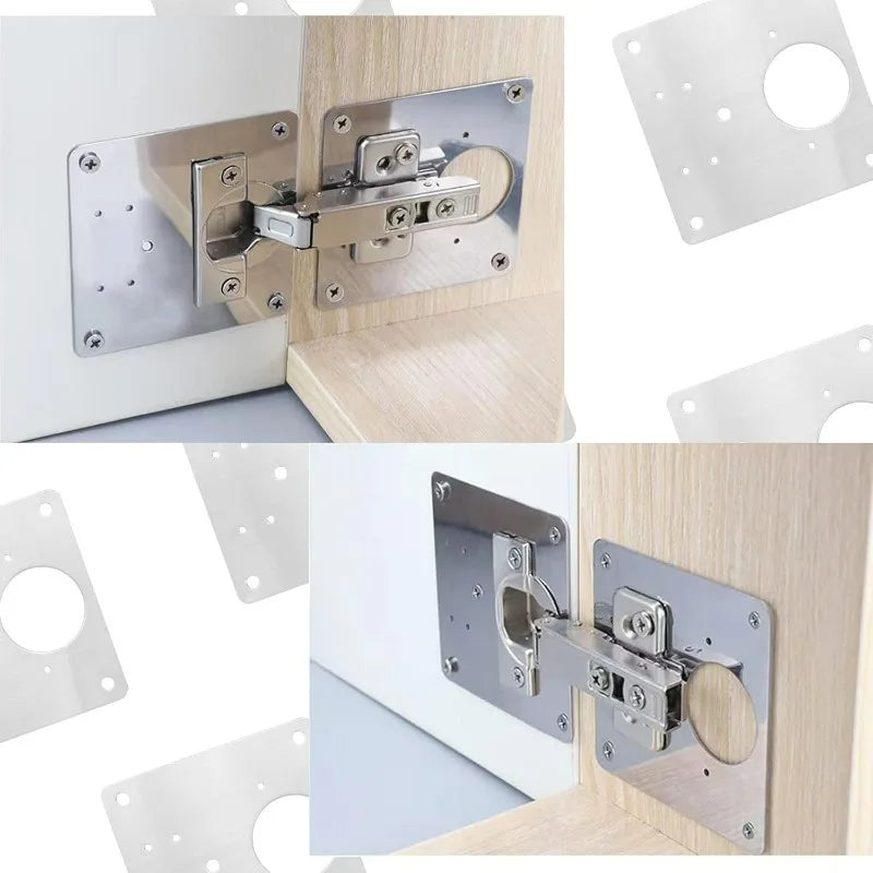 Stainless steel cabinet door hinge repair plate kit showing a hinge mechanism installed on a wooden cabinet door.