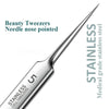 A close-up view of a stainless steel beauty tweezer with a needle-pointed tip for medical use.