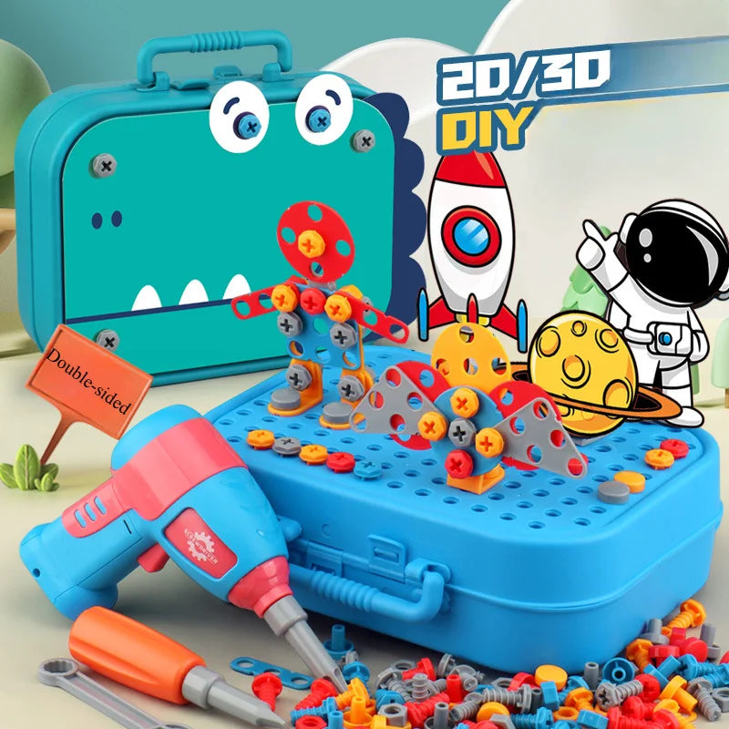 A blue toolbox filled with colorful plastic parts and a pink power screwdriver for a DIY pretend play kit.