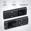 A black rechargeable laser distance measurer device shown with various measurement options and a red line indicating a measur