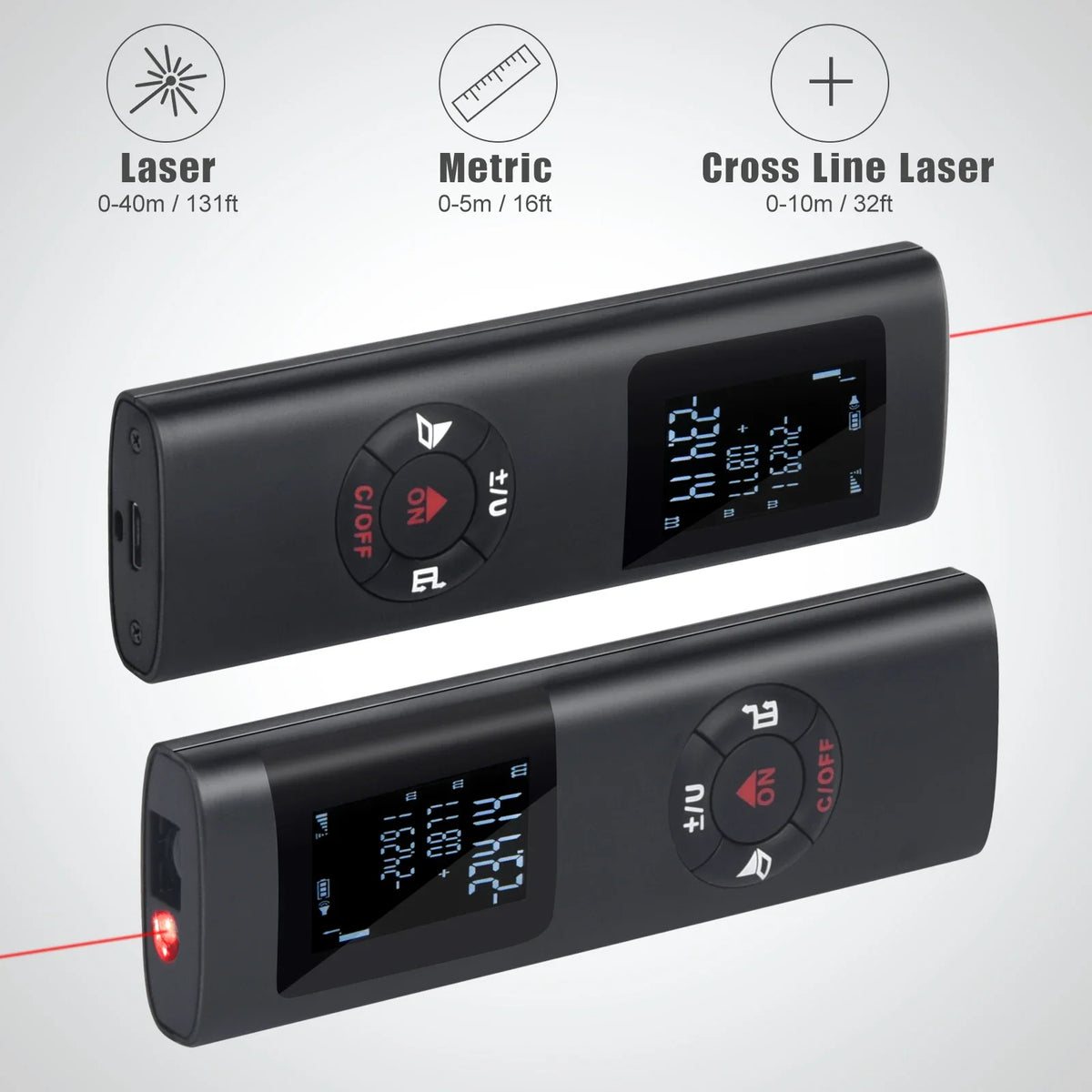 A black rechargeable laser distance measurer device shown with various measurement options and a red line indicating a measur