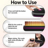Step-by-step instructions showing how to use a black hair straightening brush for styling.